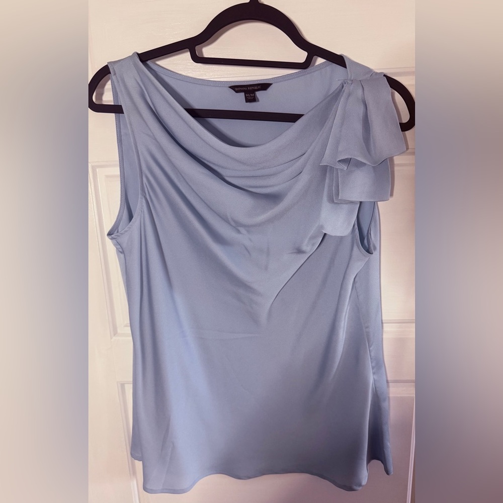 #10 Light Blue Draped Neck Tank with Ruffle Accent. Silk Blend